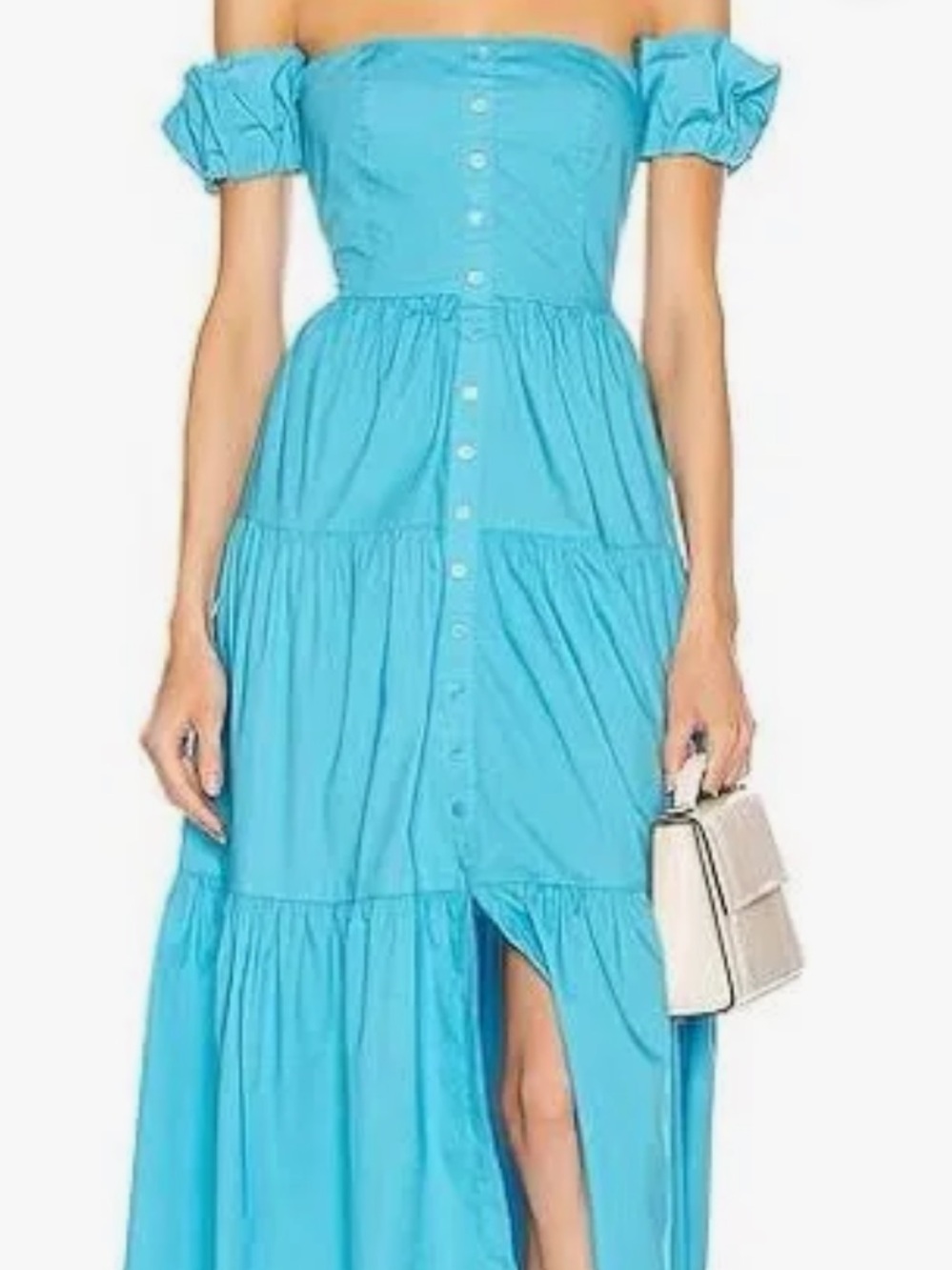 Staud Elio Off-The-Shoulder Tiered Poplin Midi Dress in Bright Blue, size 16 - Picture 6 of 7